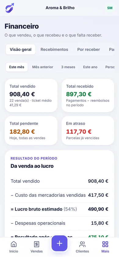 Financeiro do Girova no telemóvel: total vendido, recebido, pendente e em atraso.