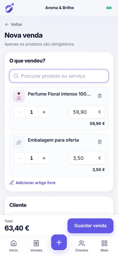 Registo de uma nova venda no telemóvel: perfume e embalagem para oferta adicionados, total de 63,40 € e botão Guardar venda.