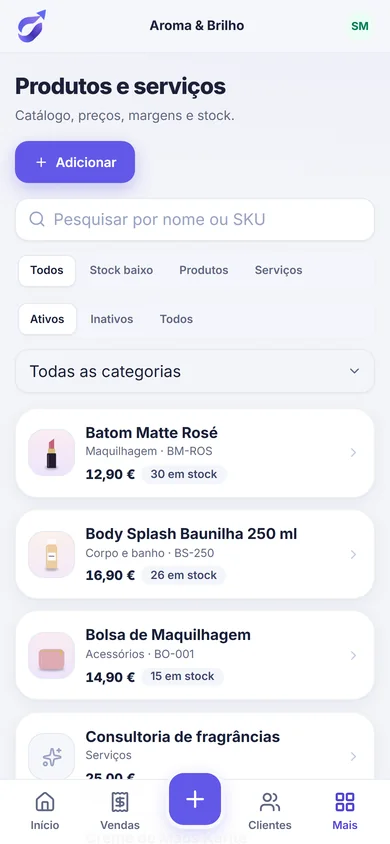 Lista de produtos do Girova no telemóvel, com fotografia, preço e stock.