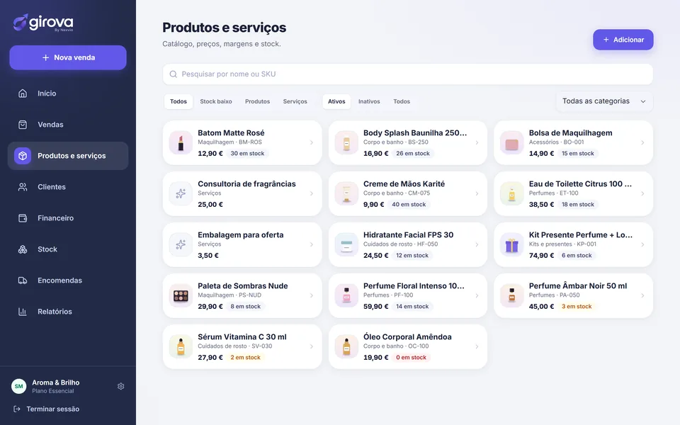 Catálogo de produtos e serviços do Girova com fotografia, categoria, preço e quantidade em stock; os produtos com pouco stock aparecem destacados.