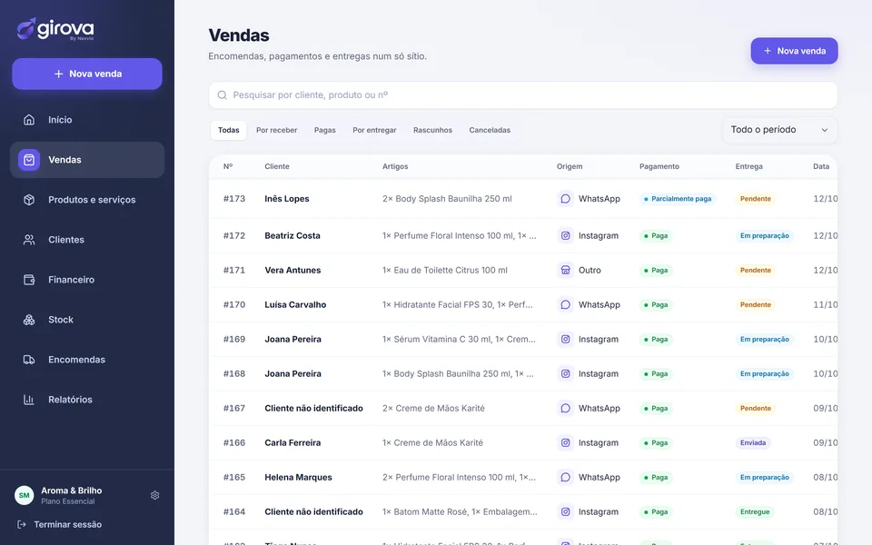 Lista de vendas do Girova com cliente, artigos, origem (WhatsApp, Instagram, presencial), estado do pagamento, estado da entrega e data.