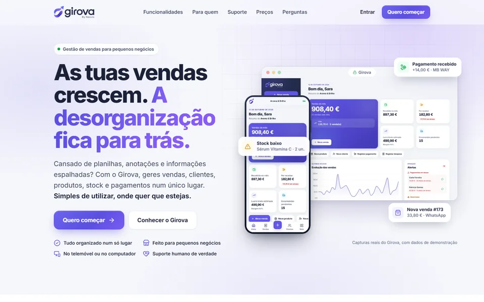 Página do Girova: título "As tuas vendas crescem. A desorganização fica para trás." ao lado de capturas da app no computador e no telemóvel.