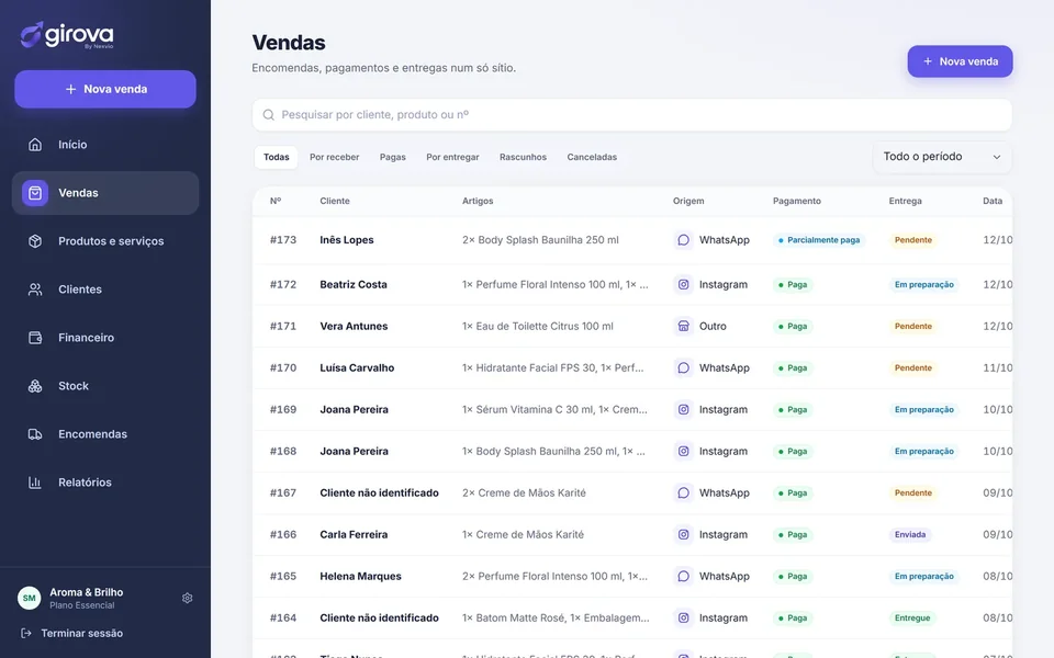 Lista de vendas do Girova com cliente, artigos, origem (WhatsApp, Instagram, presencial), estado do pagamento, estado da entrega e data.