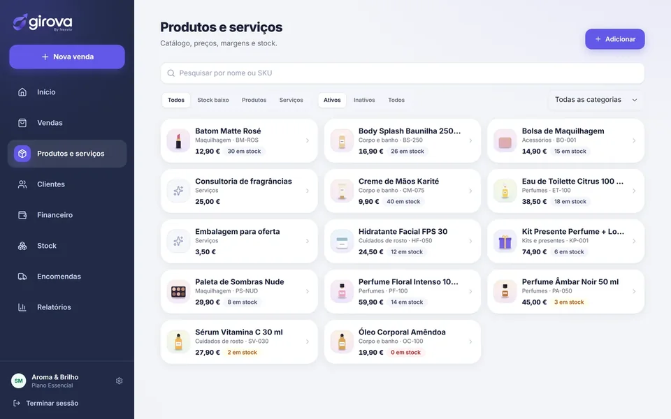Catálogo de produtos e serviços do Girova com fotografia, categoria, preço e quantidade em stock; os produtos com pouco stock aparecem destacados.