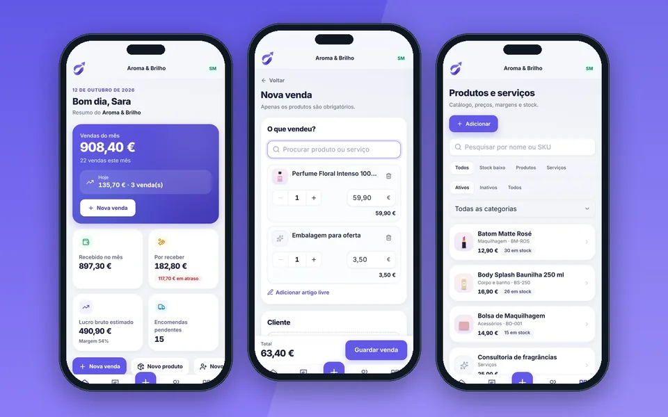 Três telas do Girova no celular: painel inicial, nova venda e lista de produtos com estoque.