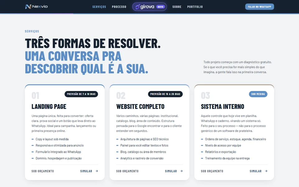 Seção de serviços do site da Nexvio: landing page, website completo e sistema interno, cada um com prazo e o que está incluído.
