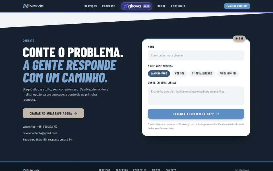 Seção de contato do site da Nexvio com o formulário que abre o WhatsApp com a mensagem preenchida.