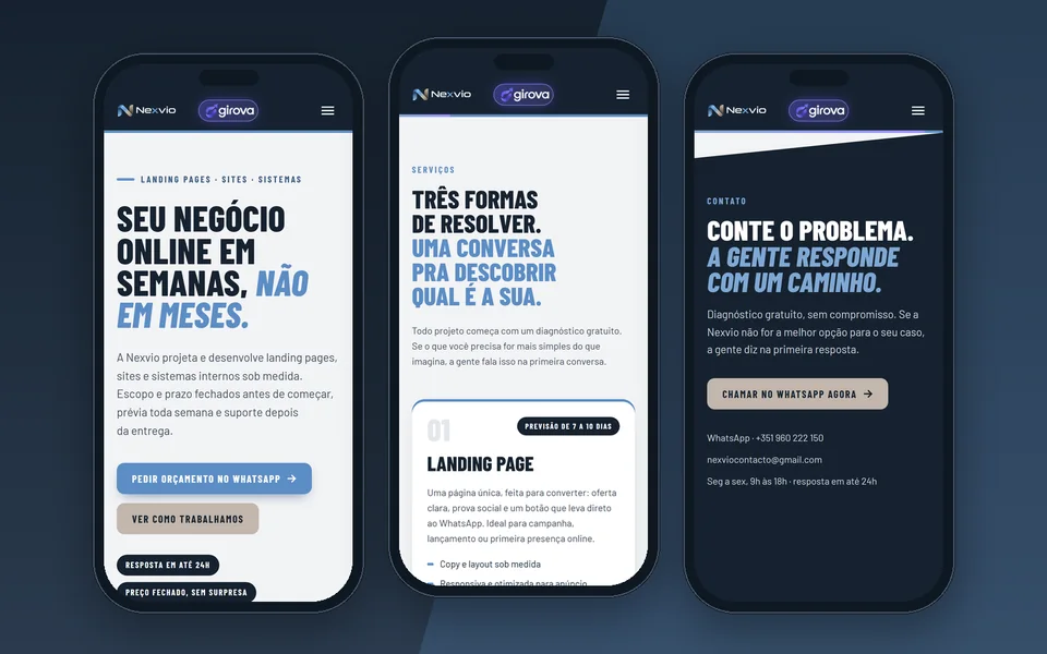 Três telas do site da Nexvio no celular: topo, serviços e contato.