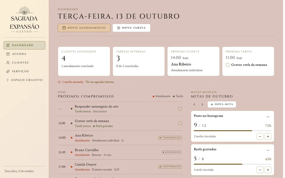 Dashboard do sistema Sagrada Expansão: clientes agendados, tarefas internas, próximo cliente, próximos compromissos do dia e metas de outubro com barras de progresso.