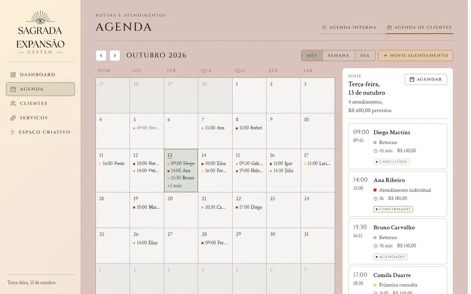 Agenda mensal de clientes com os atendimentos de cada dia e, ao lado, o resumo de hoje com horários, serviços e valores.