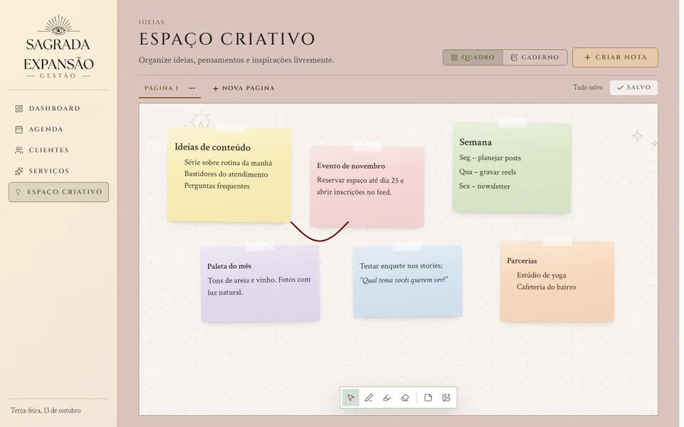 Espaço criativo do sistema: quadro com notas coloridas de ideias de conteúdo, planejamento da semana e parcerias.