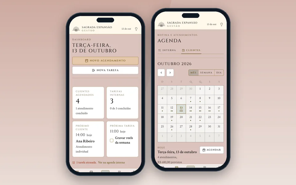 Duas telas do sistema no celular: dashboard do dia e agenda mensal de clientes.