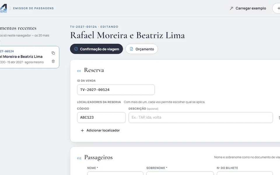 Emissor de passagens da Techa Viagens: seções de reserva e passageiros, com a lista de documentos recentes ao lado.