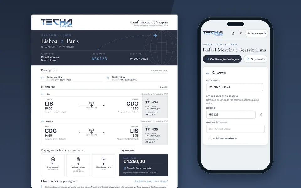 Confirmação de viagem em PDF gerada pelo emissor, com itinerário, bagagem e pagamento, ao lado do formulário aberto no celular.