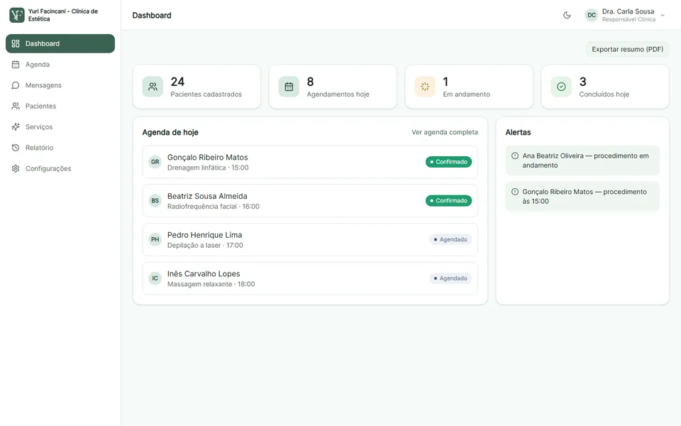 Dashboard do sistema da clínica: contadores de pacientes e atendimentos do dia, agenda de hoje com o status de cada atendimento e alertas.