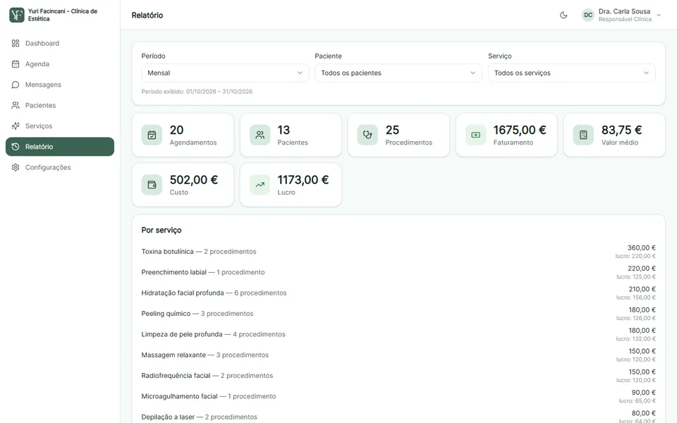 Relatório mensal: agendamentos, pacientes, procedimentos, faturamento, custo e lucro, com o detalhe por serviço.